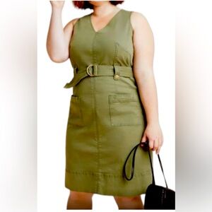 Olive Green Sleeveless Belted Dress